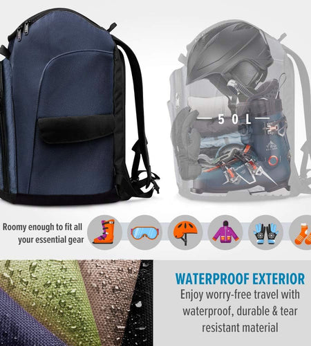 50L Ski Boot Bag-Ski and Snowboard Boots Travel Backpack with Helmet Compartment | Waterproof Exterior & Bottom