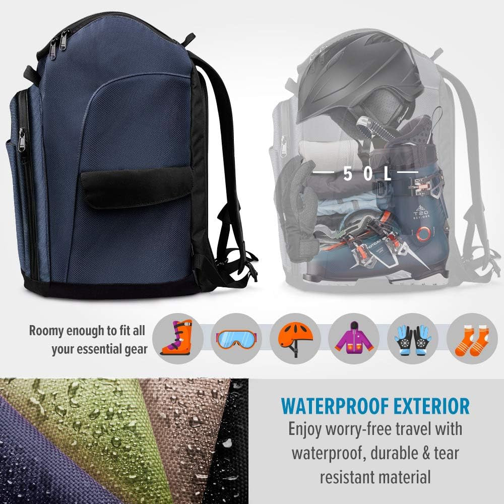 50L Ski Boot Bag-Ski and Snowboard Boots Travel Backpack with Helmet Compartment | Waterproof Exterior & Bottom